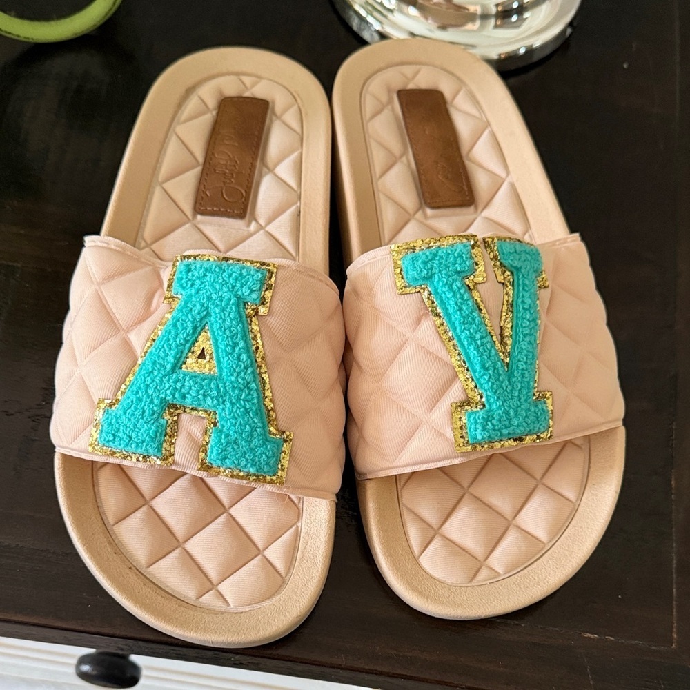 Judith March Beige Slide Sandals with Turquoise Letter Appliqués